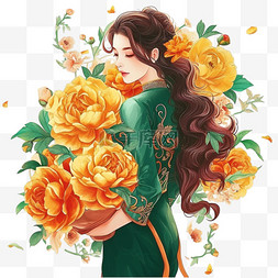 手绘花束白色图片_时尚女孩花朵手绘妇女节插画元素