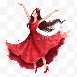 手绘皇冠红色图片_免抠妇女节美丽女孩跳舞手绘元素