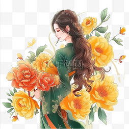 插画长发女孩图片_妇女节手绘插画时尚女孩花朵元素