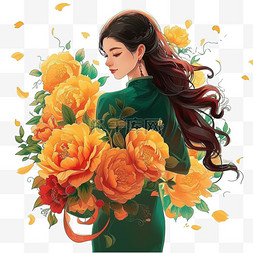 手绘绿色旗袍图片_手绘妇女节时尚女孩花朵插画元素