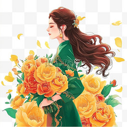 手绘绿色旗袍图片_时尚女孩花朵手绘插画元素妇女节