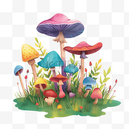 植物蘑菇彩色手绘免抠元素春天