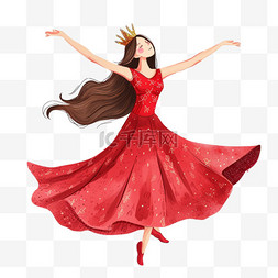 妇女节背景红色图片_美丽女孩跳舞手绘免抠元素妇女节