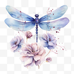绘画蜻蜓粉花元素立体免抠图案