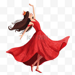 妇女节背景红色图片_妇女节免抠美丽女孩跳舞手绘元素