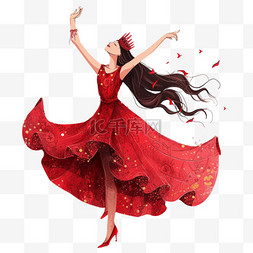 妇女节背景红色图片_妇女节美丽女孩手绘跳舞免抠元素