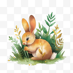 绿草背景图片_植物小兔卡通春天手绘免抠元素