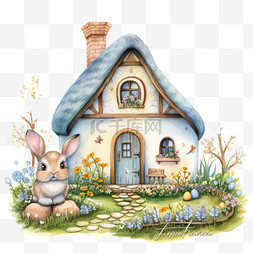 小兔子的房子图片_小房子兔子植物卡通手绘元素春天
