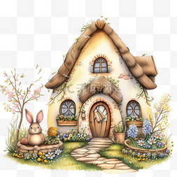 春天小房子兔子卡通植物手绘元素