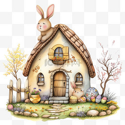 春天小房子兔子卡通手绘植物元素