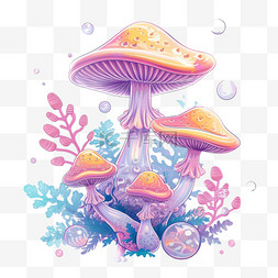 梦幻蘑菇背景图片_植物蘑菇元素彩色梦幻插画免抠