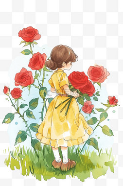 拿鲜花的图片_可爱女孩春天鲜花草地手绘免抠元