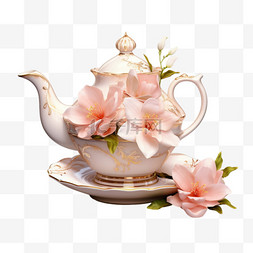 写实茶壶图片_写实茶壶花朵元素立体免抠图案