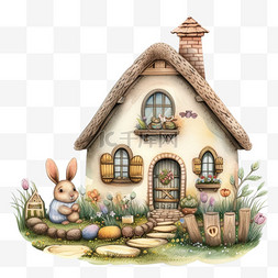 春天小房子植物兔子卡通手绘元素