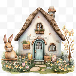 蓝粉春天图片_春天小房子兔子卡通手绘元素植物