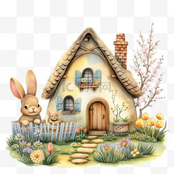 小兔子房子卡通图片_小房子兔子植物春天卡通手绘元素