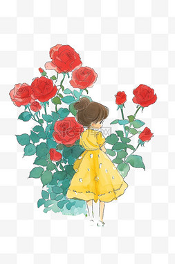 黄色玫瑰背景图片_春天手绘可爱女孩鲜花草地免抠元