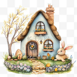 小兔子的房子图片_春天小房子兔子卡通植物手绘元素