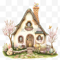 手绘植物房子图片_小房子兔子植物春天卡通手绘元素