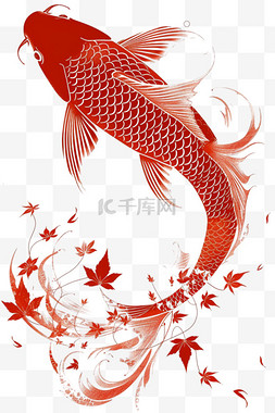 红鲤鱼线稿图片_红色手绘描边锦鲤免抠元素