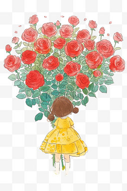 玫瑰手绘黄色图片_春天可爱女孩鲜花草地手绘免抠元
