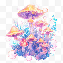 梦幻蘑菇背景图片_植物蘑菇彩色元素梦幻插画免抠