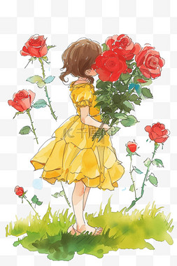 简笔画玫瑰png图片_手绘春天可爱女孩鲜花草地免抠元