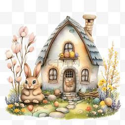 房子背景卡通图片_植物春天小房子兔子卡通手绘元素