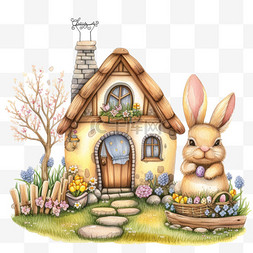 小兔子房子卡通图片_小房子兔子植物卡通手绘春天元素