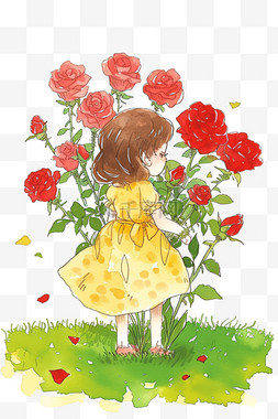 是玫瑰图片_春天可爱女孩草地鲜花手绘免抠元
