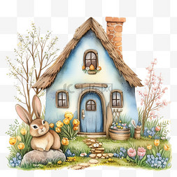 小兔子房子卡通图片_春天小房子兔子植物卡通元素手绘