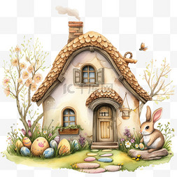 春天小房子兔子植物手绘卡通元素
