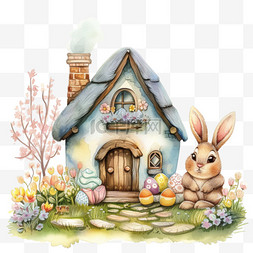 小房子春天兔子植物卡通手绘元素