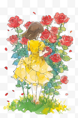 玫瑰手绘黄色图片_春天可爱女孩鲜花草地手绘免抠元