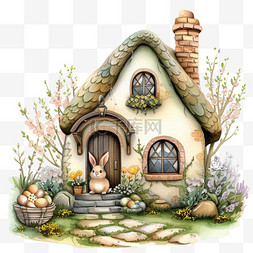 小房子兔子植物卡通春天手绘元素