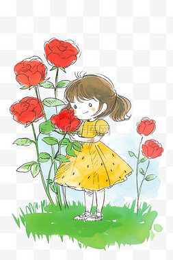 手拿鲜花的女孩图片_可爱女孩鲜花草地春天手绘免抠元
