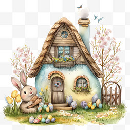 小兔子房子卡通图片_卡通春天小房子兔子植物手绘元素