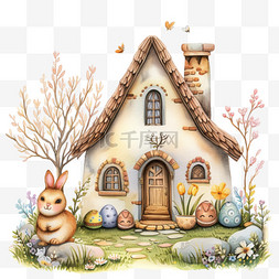 小兔子房子卡通图片_春天小房子兔子植物卡通手绘元素