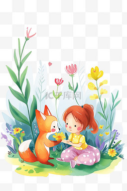 手绘女孩和花背景图片_春天花草孩子玩耍动物卡通手绘元
