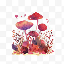 紫色背景白色花图片_植物蘑菇手绘插画春天免抠元素