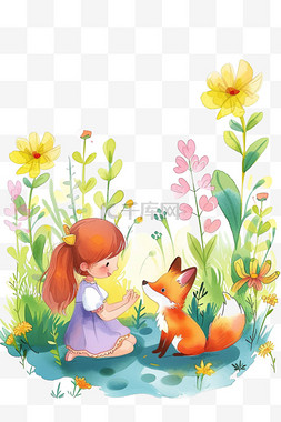 手绘女孩和花背景图片_春天玩耍花草孩子动物卡通手绘元
