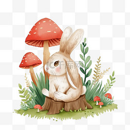 草地插画背景图片_春天可爱兔子手绘植物花草元素