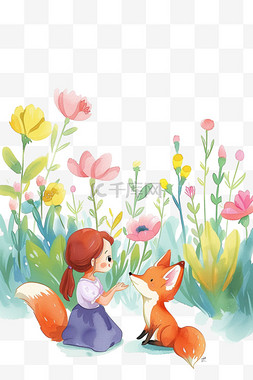 手绘女孩和花背景图片_花草孩子动物玩耍春天卡通手绘元