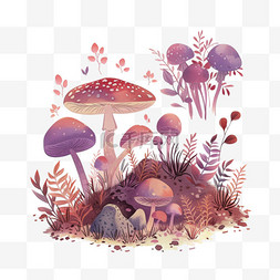 红紫色背景图片_春天免抠植物蘑菇手绘插画元素