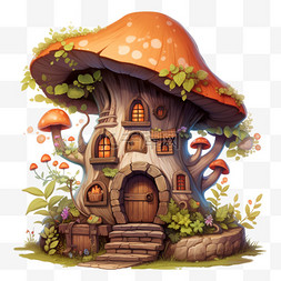 屋树图片_卡通蘑菇树屋元素立体免抠图案