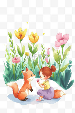 花草孩子动物玩耍卡通手绘元素春