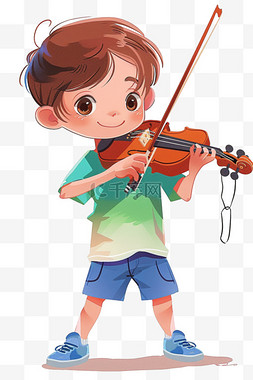绿色短袖卡通图片_可爱男孩拉着小提琴元素卡通手绘