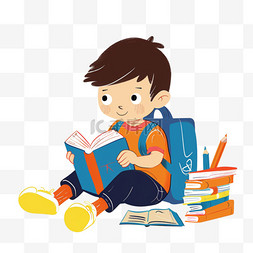 小男孩坐的图片_可爱男孩背着书包学习卡通手绘元