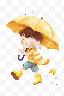 拿着雨伞的男孩图片_卡通手绘可爱男孩雨中玩耍元素