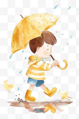 拿着雨伞的男孩图片_可爱男孩手绘雨中玩耍卡通元素